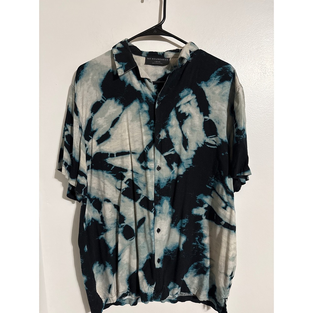 No Boundaries Mens Large Tie Dye Button Down Shirt Black Teal Rayon